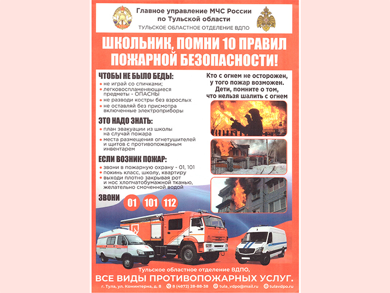 Школьник, помни 10 правил пожарной безопасности.